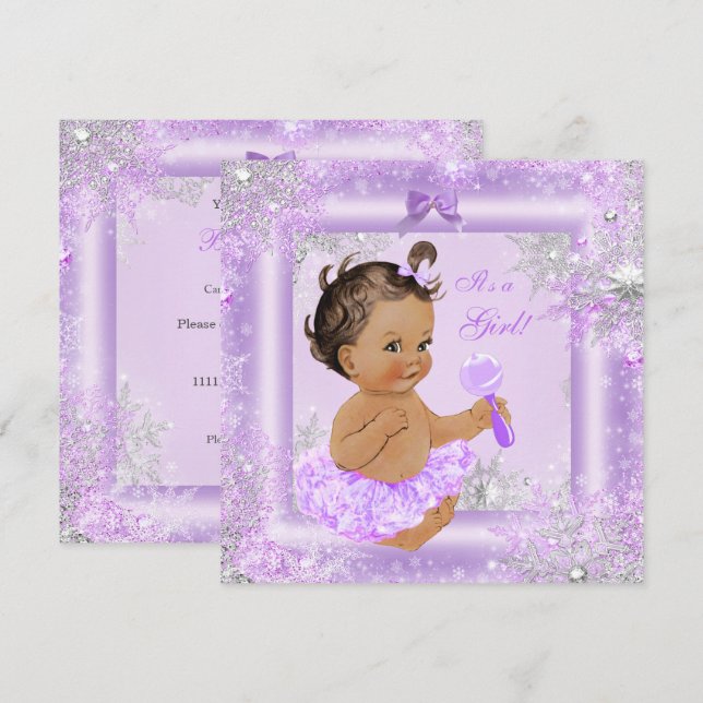 Convites Chuva de Bebê Menina Inverno Lavanda Floco de Neve (Frente/Verso)