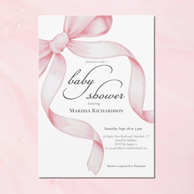 Convites Chuva de Bebê Menina Laço Pink Elegante (chic pink coquette bow baby girl shower invitation with script calligraphy, elegant parisian style)