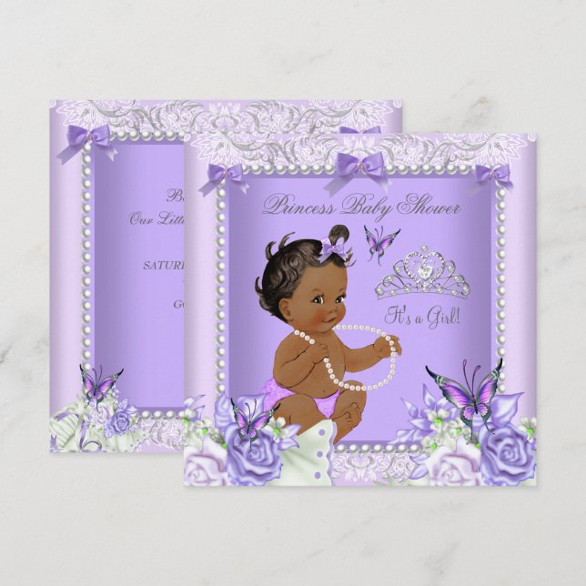Convites Chuva de Bebê Menina Lavanda Cinza Afro-Americana (Frente/Verso)