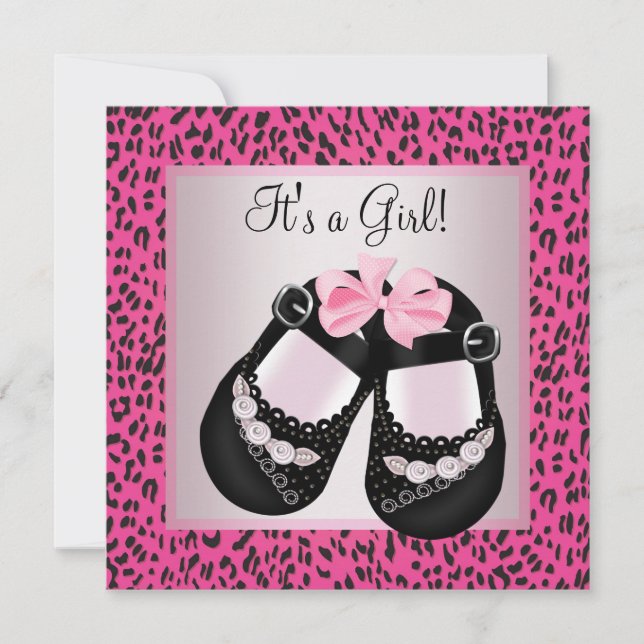 Convites Chuva de Bebê Menina Leopardo Rosa Quente (Frente)