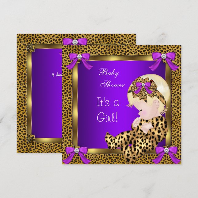Convites Chuva de Bebê Menina Leopardo Roxo Dourado 3 (Frente/Verso)
