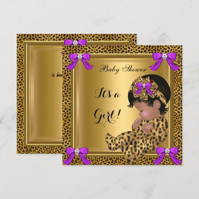 Convites Chuva de Bebê Menina Leopardo Roxo Dourado 4 (Frente/Verso)