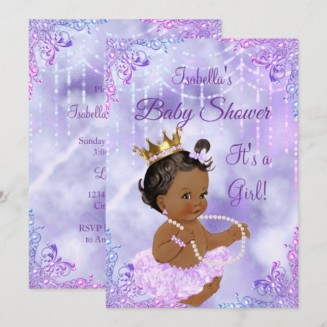 Convites Chuva de Bebê Menina Lilás Roxo Pérola Étnico (Frente/Verso)