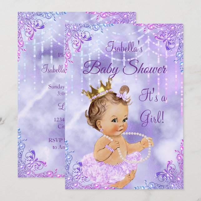 Convites Chuva de Bebê Menina Lilás Roxo Pérola Morena (Frente/Verso)