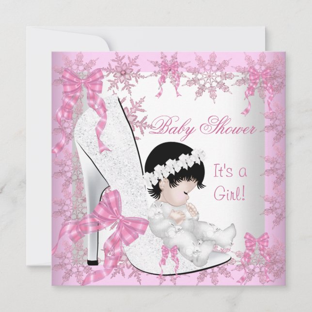 Convites Chuva de Bebê Menina Lindos Flocos de Neve Rosa Sa (Frente)