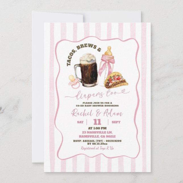 Convites Chuva de Bebê Menina Listras Rosa Tacos Cervejas F (Frente)