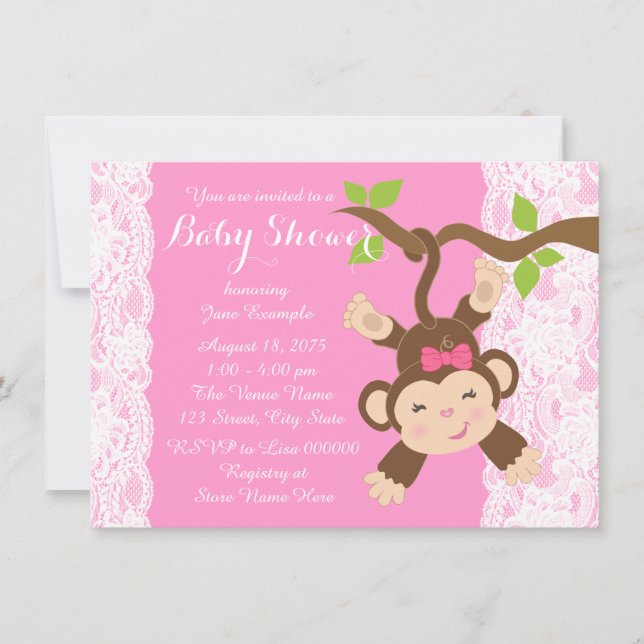 Convites Chuva de Bebê Menina Macaco com Renda Rosa (Frente)