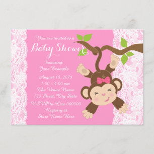 Convites Chuva de Bebê Menina Macaco com Renda Rosa