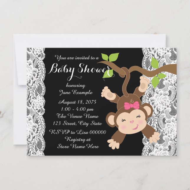 Convites Chuva de Bebê Menina Macaco de Renda Branca (Frente)