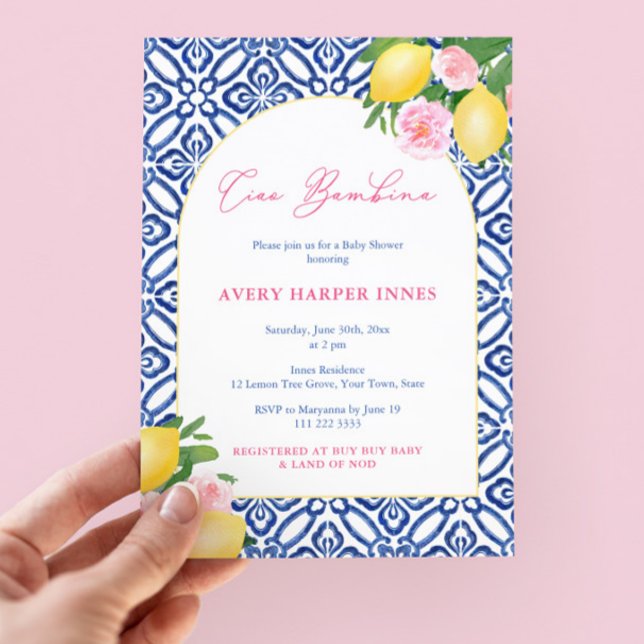 Convites Chuva de Bebê Menina Mediterrâneo de Limões Rosa (Ciao Bambina! Pretty blue and pink citrus inspired girl baby shower invitation with trendy arch)