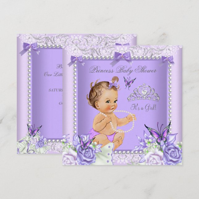 Convites Chuva de Bebê Menina Morena Cinza Lavanda (Frente/Verso)