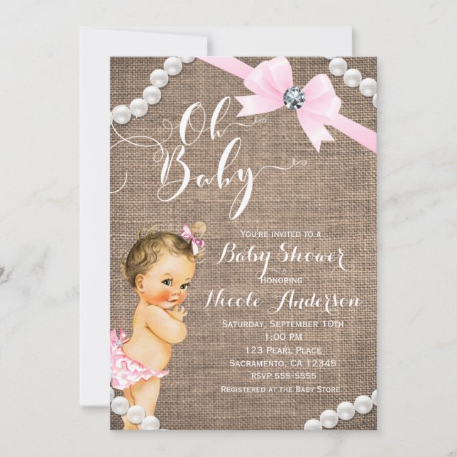 Convites Chuva de Bebê Menina Morena com Laço Rosa Burlap & (Frente)