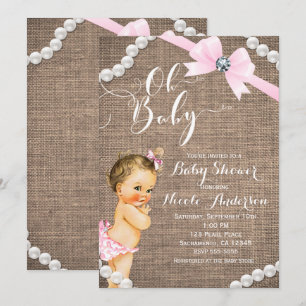 Convites Chuva de Bebê Menina Morena com Laço Rosa Burlap &