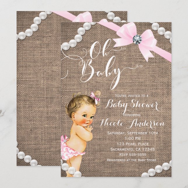 Convites Chuva de Bebê Menina Morena com Laço Rosa Burlap & (Frente/Verso)