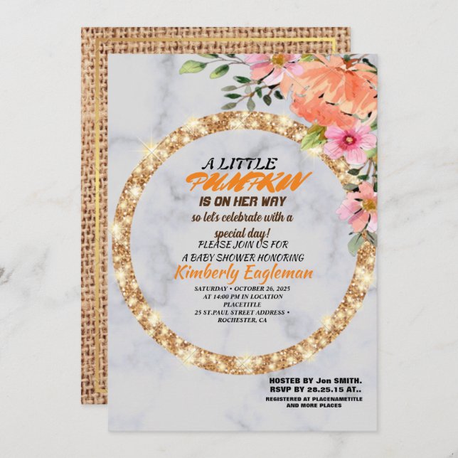 Convites Chuva de Bebê Menina Outono Abóbora Rústico Linho  (Frente/Verso)