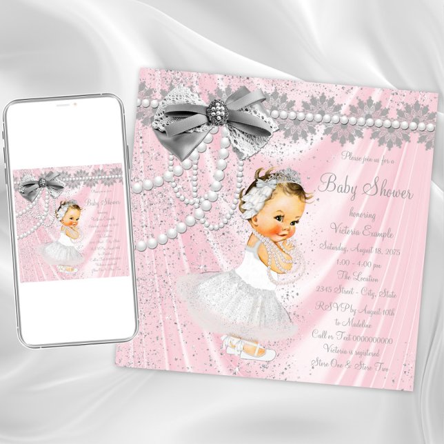 Convites Chuva de Bebê Menina Pérola Cetim Rosa Cinza (Adorable pink and gray baby shower invitation. Instant download and printed invitations available.)