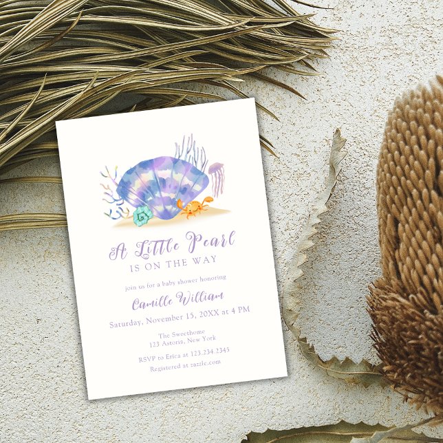 Convites Chuva de Bebê Menina Pérola Pequena Praia Roxa  (Purple Beach Ocean Little Pearl Girl Baby Shower Invitation)