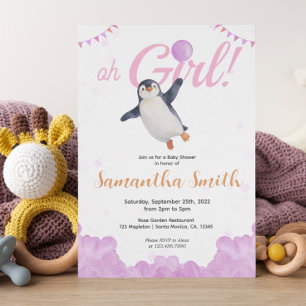 Convites Chuva de Bebê Menina Pinguim Balão Rosa Céu Nublad