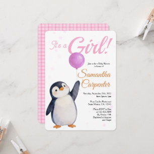 Convites Chuva de Bebê Menina Pinguim Rosa Balão Aquarela