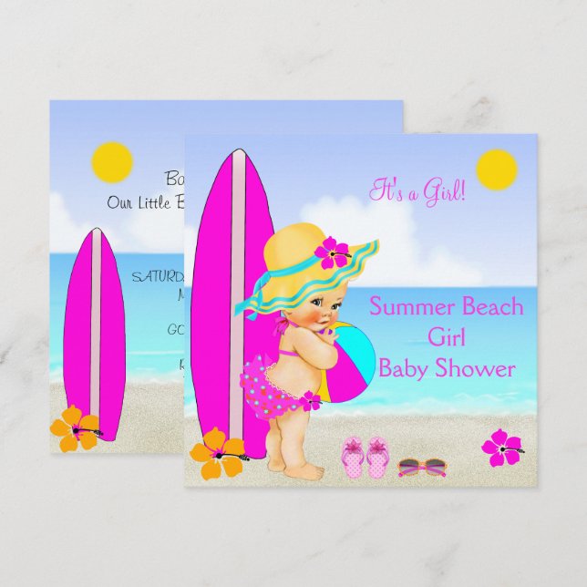Convites Chuva de Bebê Menina Praia Rosa Azul Turquesa Chap (Frente/Verso)