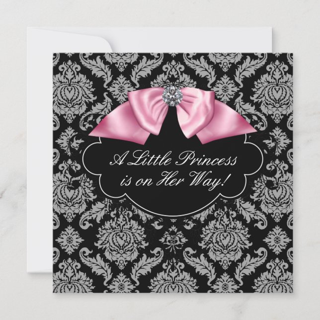 Convites Chuva de Bebê Menina Princesa Damasco Preto Rosa (Frente)