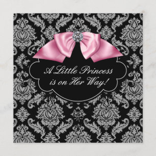 Convites Chuva de Bebê Menina Princesa Damasco Preto Rosa