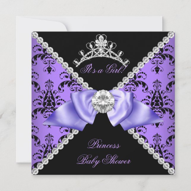 Convites Chuva de Bebê Menina Princesa Damasco Roxo Diamant (Frente)