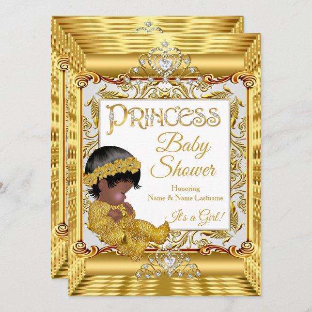 Convites Chuva de Bebê Menina Princesa Dourada Escura Étnic (Frente/Verso)