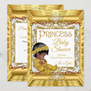 Convites Chuva de Bebê Menina Princesa Dourada Escura Étnic