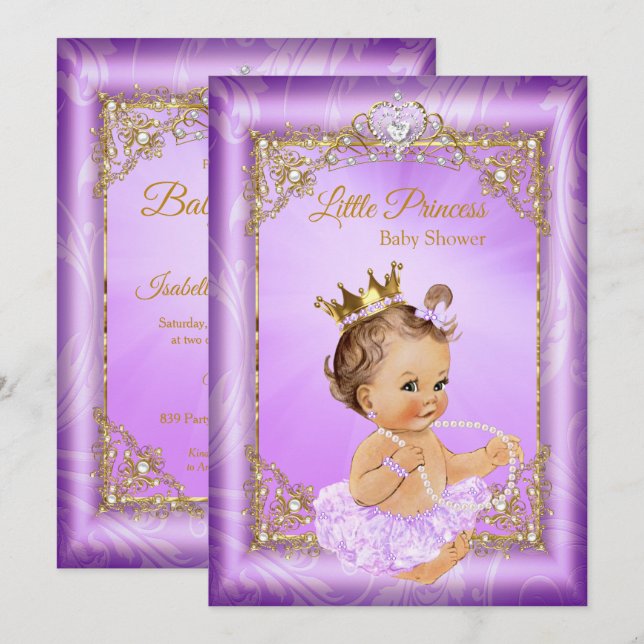 Convites Chuva de Bebê Menina Princesa Dourada Roxa (Frente/Verso)