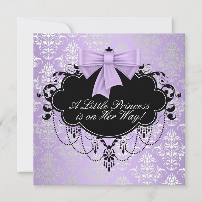Convites Chuva de Bebê Menina Princesa Preto Roxo Prata (Frente)