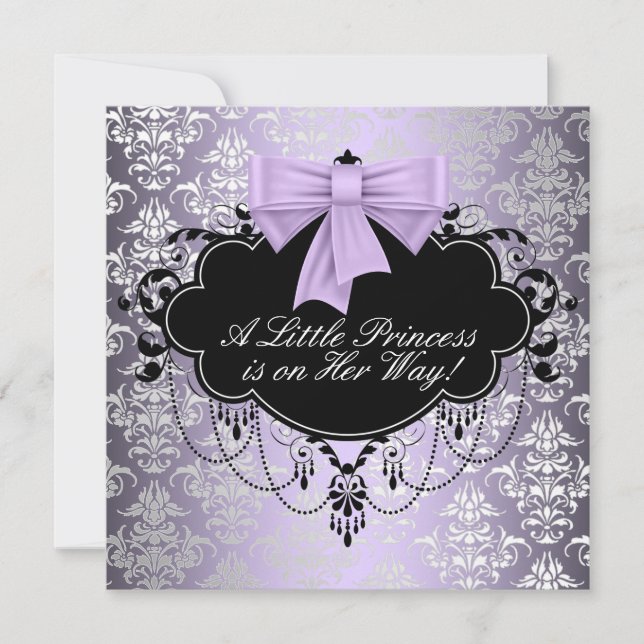 Convites Chuva de Bebê Menina Princesa Preto Roxo Prata (Frente)