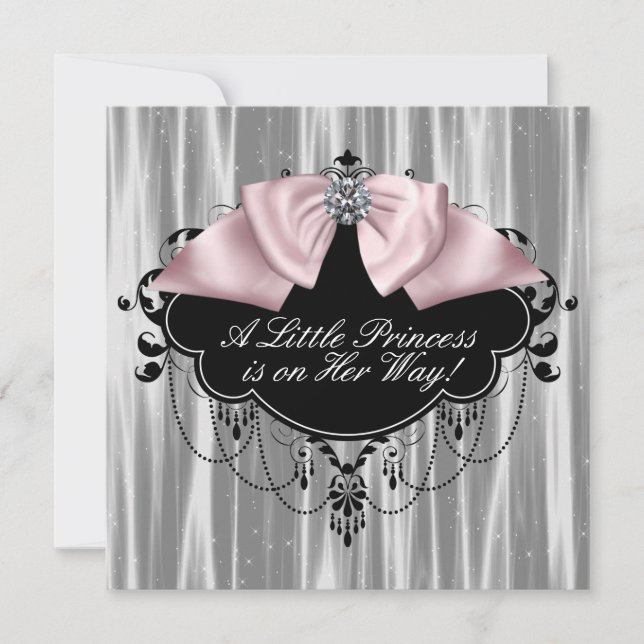 Convites Chuva de Bebê Menina Princesa Rosa e Preta (Frente)