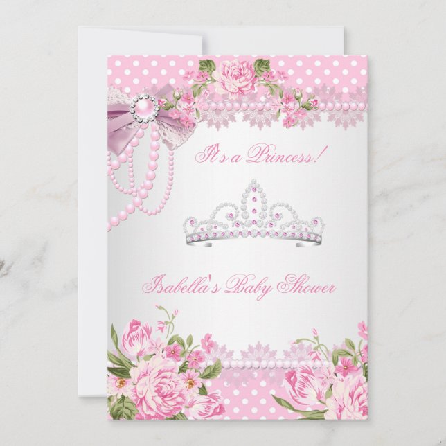 Convites Chuva de Bebê Menina Princesa Rosa Pontos Polka (Frente)