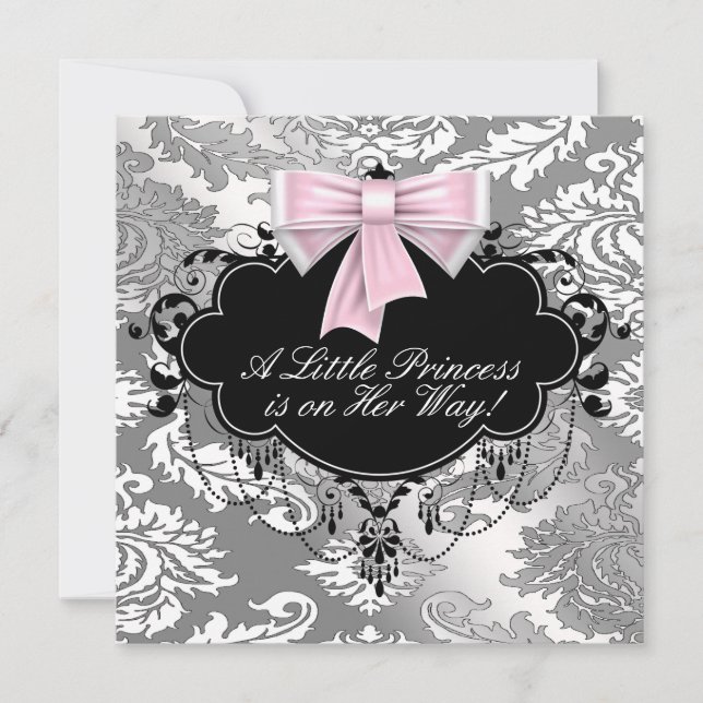 Convites Chuva de Bebê Menina Princesa Rosa Preto Prata (Frente)