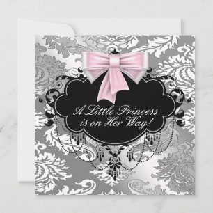 Convites Chuva de Bebê Menina Princesa Rosa Preto Prata