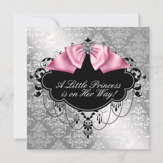 Convites Chuva de Bebê Menina Princesa Rosa Preto Prata (Frente)