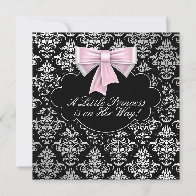Convites Chuva de Bebê Menina Princesa Rosa Preto Prata (Frente)