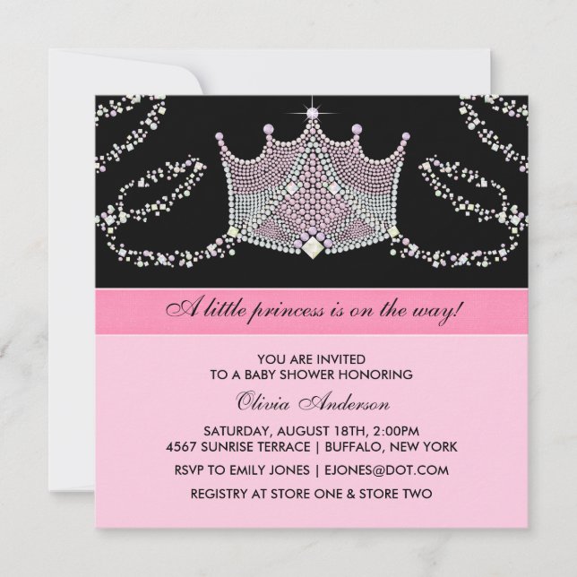 Convites Chuva de Bebê Menina Princesa Tiara Rosa e Preto (Frente)