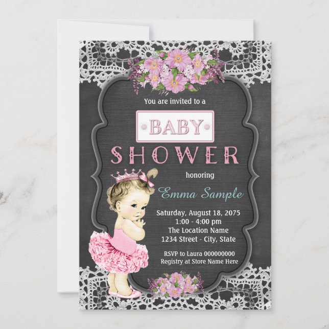 Convites Chuva de Bebê Menina Princesa Tutu Quadro Negro (Frente)