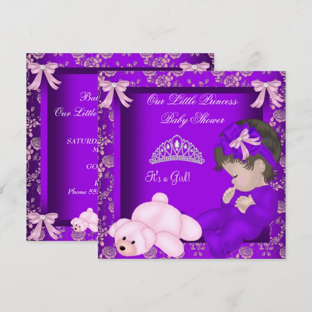 Convites Chuva de Bebê Menina Princesinha Damasco Roxo (Frente/Verso)