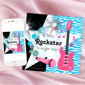 Convites Chuva de Bebê Menina Rockstar com Zebra Azul Turqu