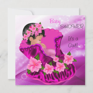 Convites Chuva de Bebê Menina Rosa Africano Americana Flora