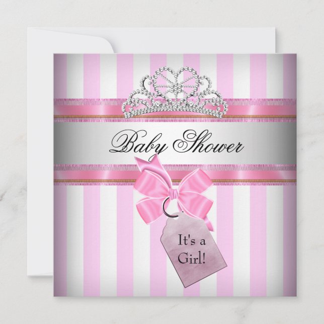 Convites Chuva de Bebê Menina Rosa Branco Listra Princesa (Frente)