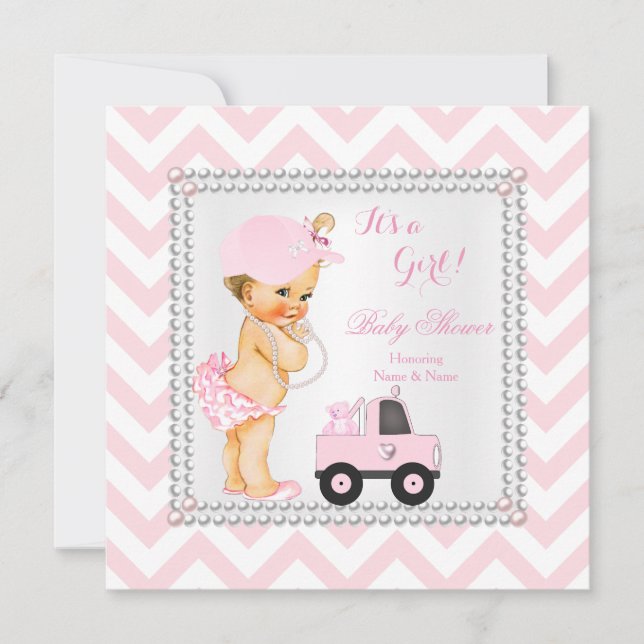 Convites Chuva de Bebê Menina Rosa Caminhão Urso Cap Blonde (Frente)