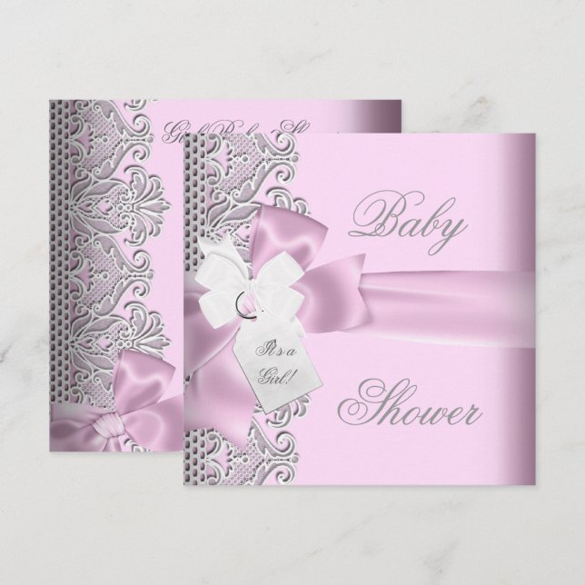 Convites Chuva de Bebê Menina Rosa Cinza Branco Renda (Frente/Verso)