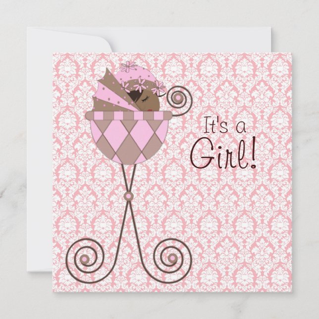Convites Chuva de Bebê Menina Rosa Damasco Rosa Marrom (Frente)