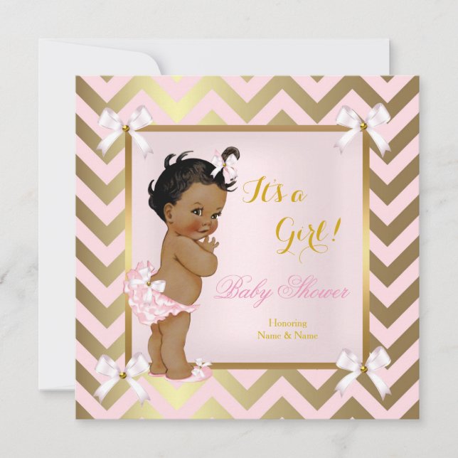 Convites Chuva de Bebê Menina Rosa Dourado Chevron Étnico (Frente)