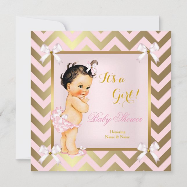 Convites Chuva de Bebê Menina Rosa Dourado Chevron Morena (Frente)