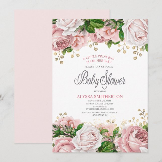 Convites Chuva de Bebê Menina Rosa Dourado Floral (Frente/Verso)